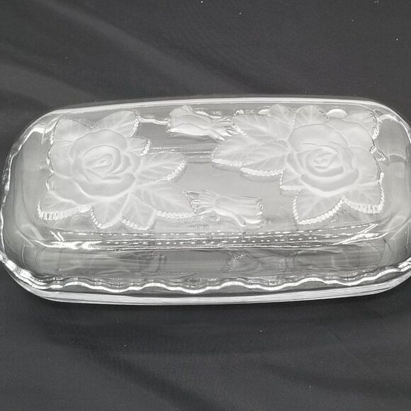 Home Beautiful Crystal Glass Rectangular Dish Frosted Roses Lid Trinket Japan - Picture 5 of 11